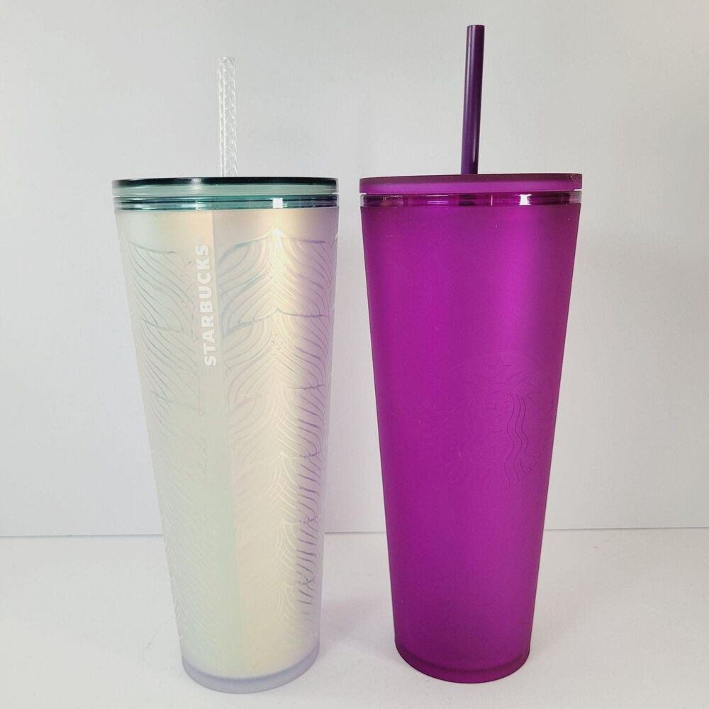 Starbucks 24oz Plastic Tumbler Set Iridescent White Purple Straws Reusable